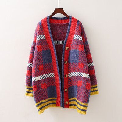 

2018 autumn new Korean loose sweater cardigan womens long v-neck matching color checked fashion coat knitted sweater