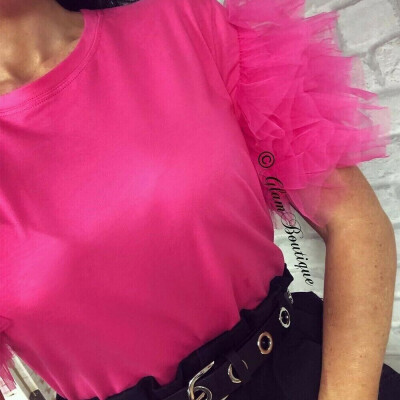 

Women Short Sleeve Mesh Tulle Ruffle T Shirts Ladies Casual Blouse Tops Shirt