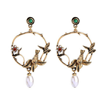 

1 Pair Women Retro Bird Pearl Drop Earrings Flower Antique Circle Crystal Round Dangle Earrings