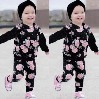 

US NEW Toddler Baby Girl Kids Flower Hooded Tops Trousers Pants Winter Clothes