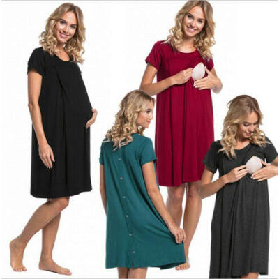 

New Pregnant Womens Maternity Clothes Cotton Summer Solid Nursing Shirt Dress