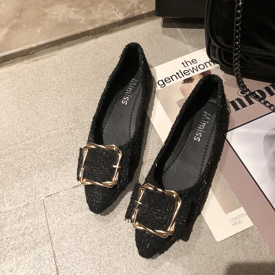 

Flat sole single shoe female summer style Korean version net Hongbaitao pointed shallow mouth square buckle fairy wind chic bean s