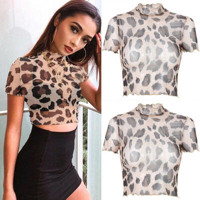 

Women Girls Leopard Top Short Sleeves Mesh Sheer Crop Tops Shirt Clubwear Tee
