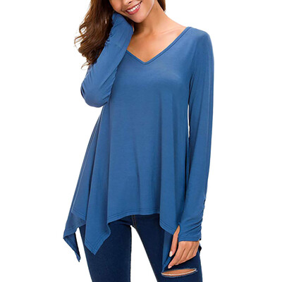 

Roseonmyhand Women Casual Solid Blouse Long Sleeve Handkerchief Tunic V-neck Top Shirt