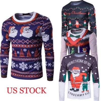 

3D Mens Letter Christmas Tree Print T-Shirt Long Sleeve Fake two pieces Xmas Tee