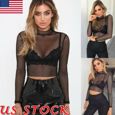 

Women Sheer Mesh Fish Net Long Sleeve Turtle Neck See Crop Top T-Shirt Blouse