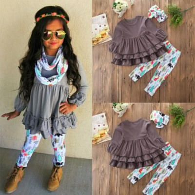 

Toddler Kids Baby Girls Tunic Dress Top Floral Pants Headband Clothes Outfit Set