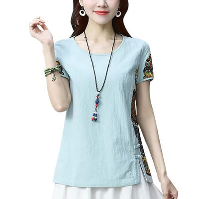 

Women Round Collar Summer National Wind Print Loose Short Sleeve Casual Simple Wild T-Shirt