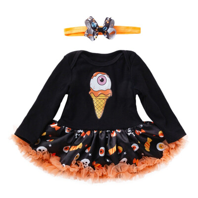 

Autumn Style Fashion Baby Girls Halloween Ice Cream Printed Long Sleeves Romper Dress Headband Two Pieces Sets