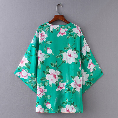 

Women Chiffon Kimono Romantic Floral Print Tide Bow Bandage Droped Shoulder Casual Bikini Cover Up