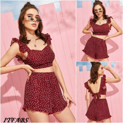

Women 2 Pcs Crop Top Blouse High Waist Shorts Set Jumpsuit Romper Print Outfits