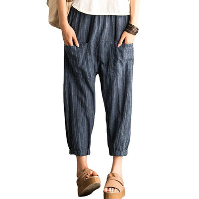 

Fashion Women Stripe Ankle-length Harem Pants High Waist Loose Casual Trousers Streetwear Blue