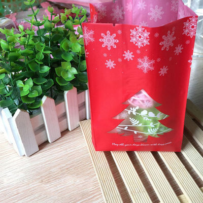 

New Hot 50pcs Christmas Tree Biscuit Bags Red Green with Window Year Gift Packaging Decor Favors Candy Bag Xmas Decorations