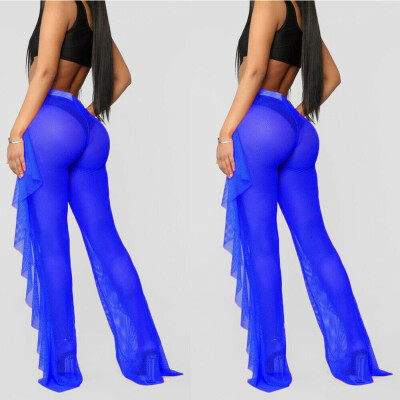 

Women Full Length Wide Leg Trousers Party Mesh Sheer Ruffle Beach Cover Up Pants