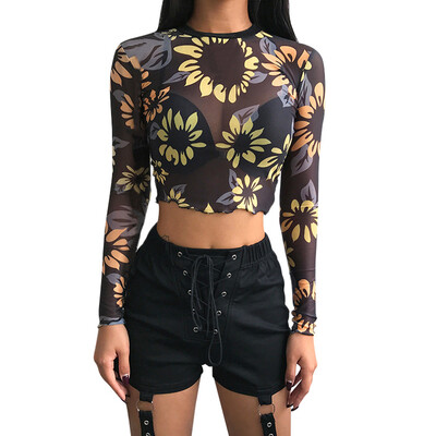 

Nomeni Women Turtleneck Long Sleeve Starry Sun Print Mesh Perspective Short Top