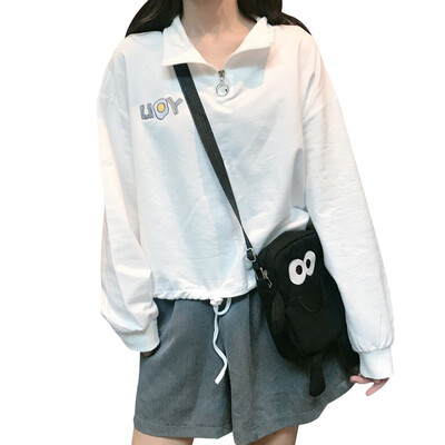 

Women Cartoon Print High Collar Long Sleeve Zipper Hoodies Casual Warm Winter Autumn Loose Thin Section Sweatshirts Tops