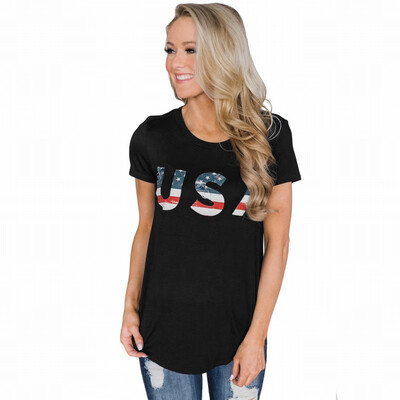 

Round neck short sleeve letter flag printed casual smock