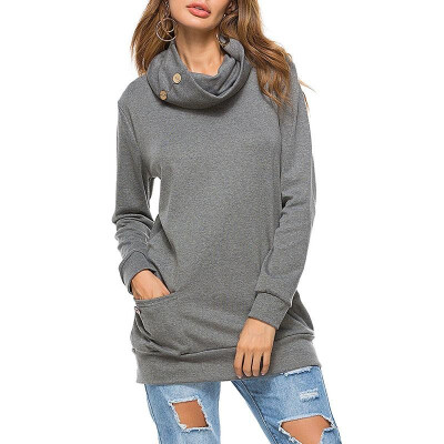 

Women Sweatshirt Pure Color Cowl Neck Turtle Neck Long Sleeve Buttons Pockets Loose Casual Tops