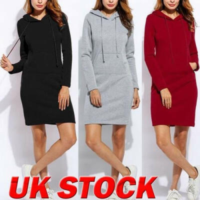 

Womens Long Sleeve Hooded Sweatshirt Winter Pullover Jumper Hoodies Midi Dress