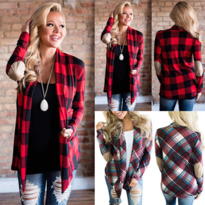 

US New Women Long Sleeve Flannel Plaid Shirts Cardigan Blouse Casual Loose Tops