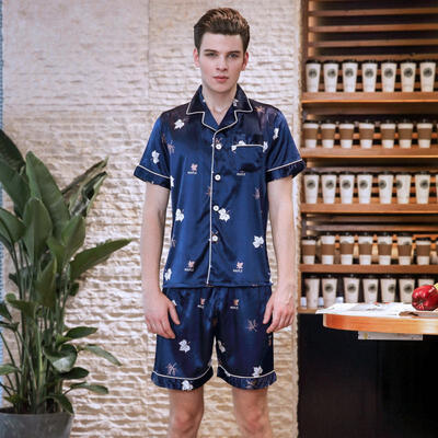 

2018 New Silk Pajamas For Mens Spring Short-sleeved Shorts Print Turn-down Collar Pajama Set TZ731