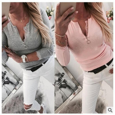 

Women&39s Zipper up Blouse Lace up Long Sleeve V-Neck Tops