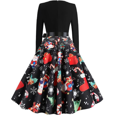 

L8084 cross-border Christmas retro large size womens autumn&winter round neck long-sleeved color print large dress black