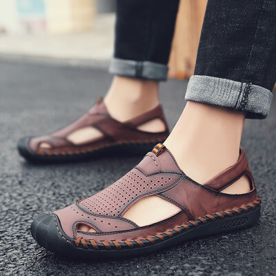 

Summer hollow hole casual shoes mens non-slip soft bottom driving shoes youth work English business leather sandals