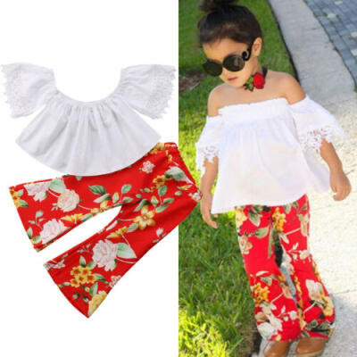 

Fashion Kid Baby Girl Outfit Off Shoulder T-shirt TopsLong Pants Cotton Clothes