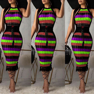 

Sexy Womens Rainbow Halter Neck Boho Bodycon Beach Party Dress Sundress Holiday