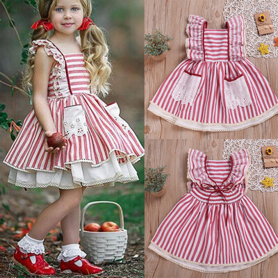 

Toddler Kids Baby Girls Striped Lace Ruffled Princess Cake Pompous Party Dress
