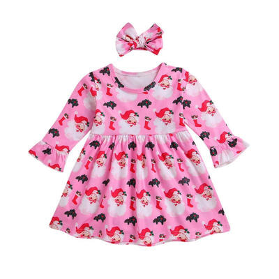 

Christmas Toddler Kids Baby Girl Long Sleeve Santa Princess Mini Dress Headband 2pcs Outfits Clothes