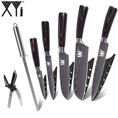 

XYj Stainless Steel Kitchen Knives Set Japanese Kitchen Knife 7 Piece Set Accessories Scissor Knife Sharpener Bar