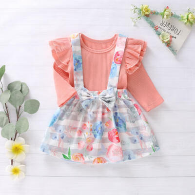 

UK Infant Baby Girl Clothes Long Sleeve TopsFlower Strap Skirt Outfit Set 0-18M