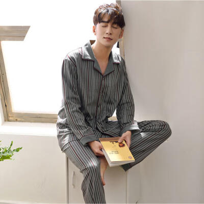 

Spring Autumn Striped Mens Pajamas Set Sleepwear Long-Sleeved Turn-Down Collar Nightwear Homewear