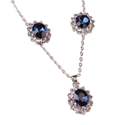 

3 Pieces \ Set Women Oval Blue Sapphire Zircon Pendant Chain Necklace Earrings Jewelry Set