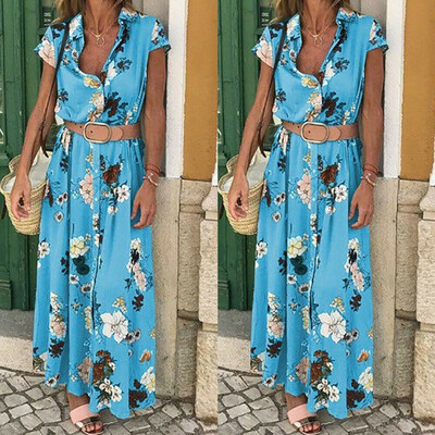 

Boho Women Summer Holiday Flower With Belt Maxi Dress V-neck Long Dress