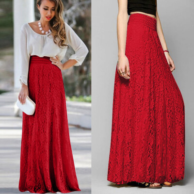 

Roseonmyhand Women Lace Double Layer Pleated Long Maxi Skirt Elastic Waist Skirt