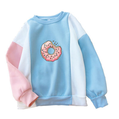 

Hoody Women Korean Style Donut Print O-Neck Color Patchwork Long Seleve Fashion Trend Plus Size Blue Pink Womens Sweatshirt