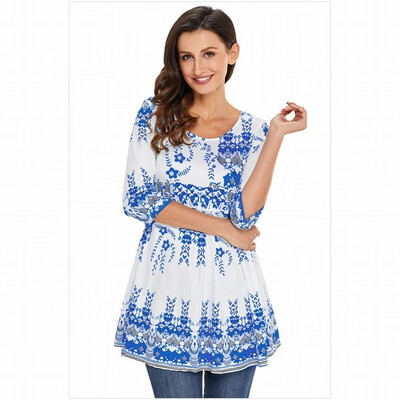 

Round neck cropped sleeve bohemian skirt long shirt womens