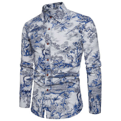 

Men Floral Print Button Down Slim Fit Long Sleeve Casual Dress Shirt Blouse Tops