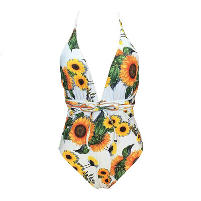 

Women Sexy Solid Color Slim Sling One-Piece Halter Bikini Gathered High Waist Swimsuit