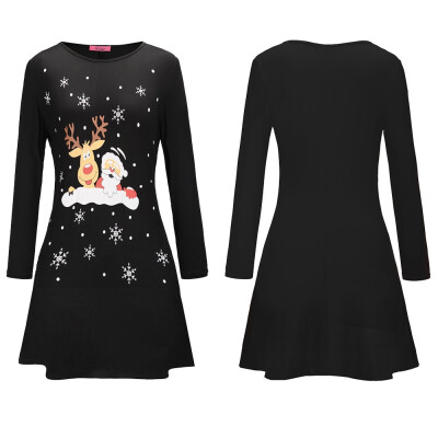 

BOFUTE New Europe America Womens Clothing O-Neck Printing Skirt Christmas Clothing Long Sleeve Dress 1260