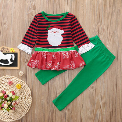 

Christmas Toddler Kids Baby Girl Boy Striped Lace T shirt Tops Pants Outfits Set