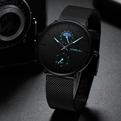 

〖Follure〗Mens Simple Casual Quartz Watch Waterproof Black Stainless Steel Mesh Strap