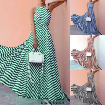 

Womens Boho Striped Long Maxi Dress Summer Beach Evening Party CocktailSundress