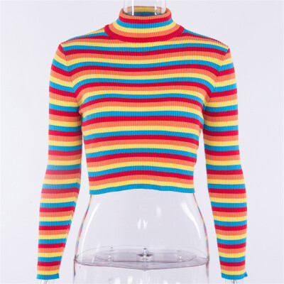 

Women Cropped Tops Sweater Pullover Turtleneck Rainbow Stripe Long Sleeve Shirts