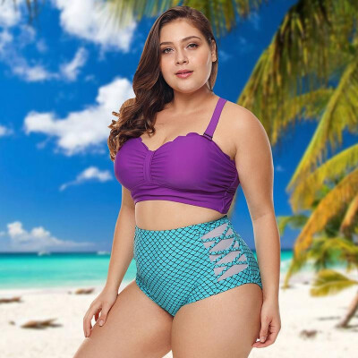 

Women Plus Size Two Pieces Swimsuit Scalloped High Waist Fish Scale Print Bikini Set Bathing Swimwear