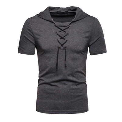 

Lace-up Hooded Cotton T-Shirt Loose Short Sleeve Tees Casual Tops For Men
