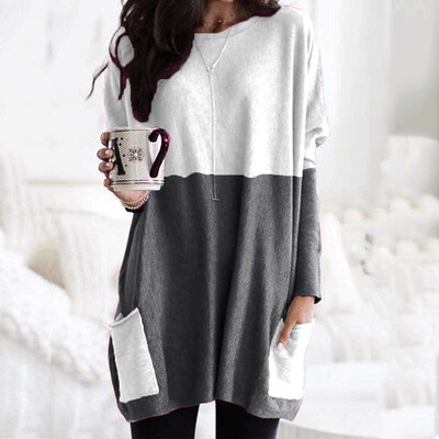 

2019 New Women Fashion O-nck Long sleeve Splice Pocket Casual T-shirt